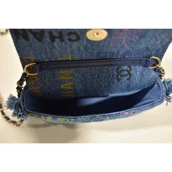 Chanel 22P Blue Denim Graffiti CC Logo Shoulder Crossbody Clutch Credit Card Bag - Picture 12 of 12